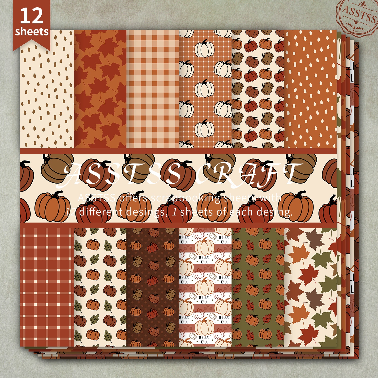 TEMU di carta per scrapbooking ASSTSS da 12 fogli, 6X6 pollici, carta di supporto in stile caldo con motivo a quadri, zucca autunnale e acero per il