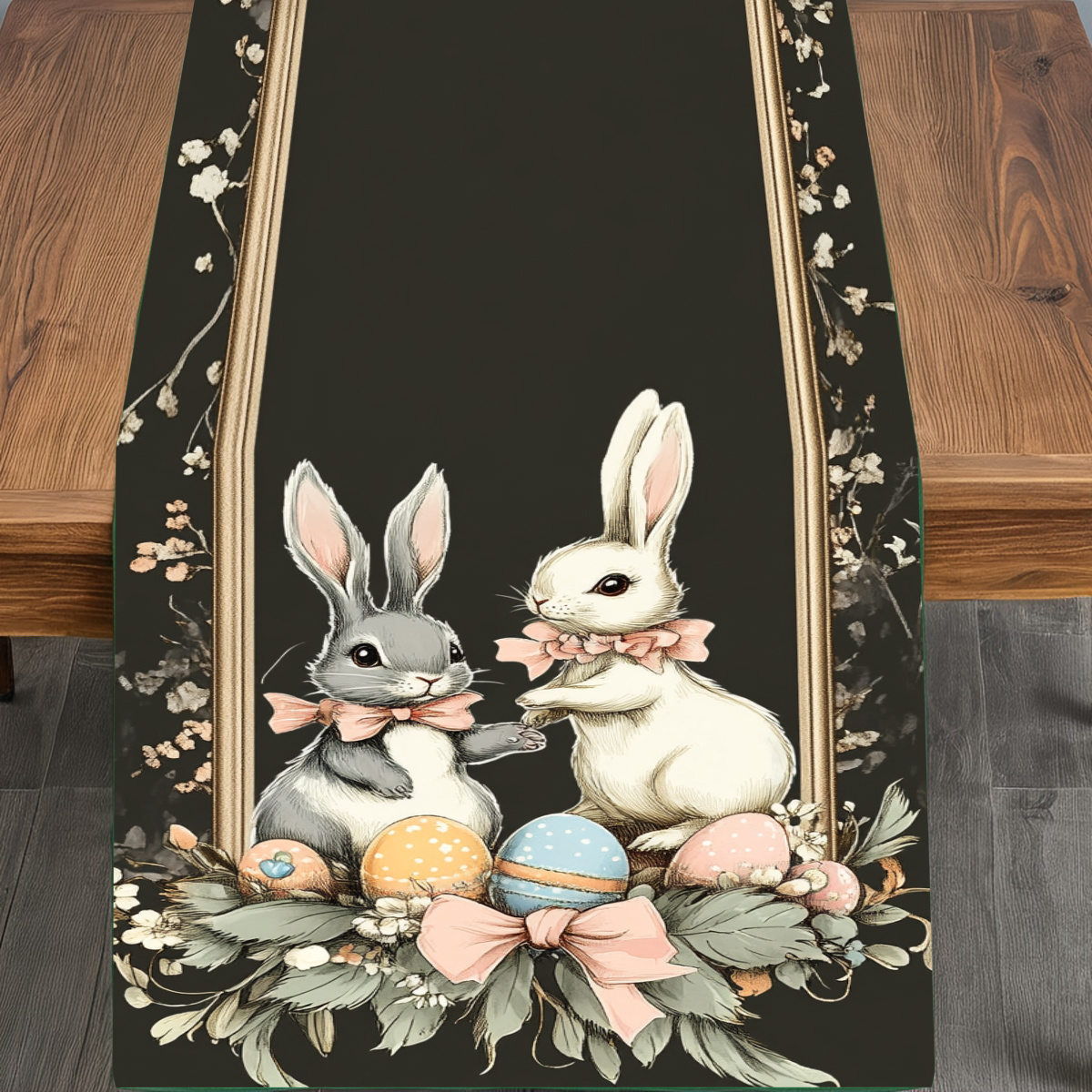 

1pc Easter Bunny & Egg Print Polyester Table Runner - Dark Teal With Floral Accents, Spring Decor, Home Gatherings, Coffee Tables & Living Rooms