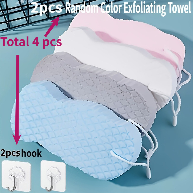 TEMU 2 Random Color Exfoliating Washcloths + 2 Adhesive Hooks, Exfoliating Washcloth – Soft Three-dimensional Textured Bath Scrub Towel For Cleansing
