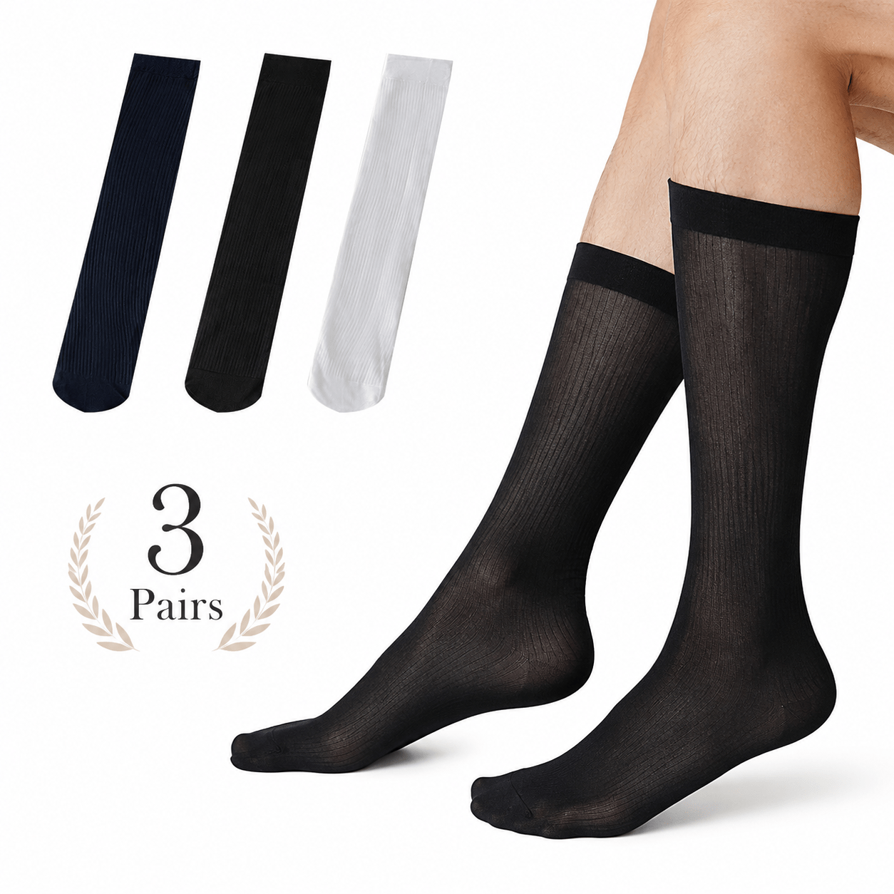 TEMU 3 Pair Summer Men's Vertical Stripe Tall Thin Breathable Navy Business Formal Socks Non-stuffy Anti-pilling Office Suit Shoes Shin Socks