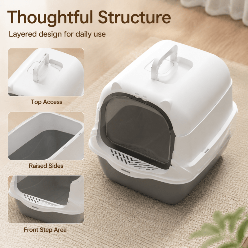 AAA+ Switchable Open/Semi-Enclosed Cat Litter Box, Extra Large Jumbo Size for Multi-Cat Households, Splash-Proof and Anti-Tracking, Dual-Mode Over-the-Top Litter Pan, Low-Entry for Easy Cleaning, Suitable for Adult and Senior Cats