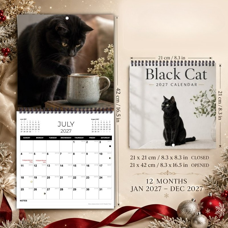 TEMU 2027 Wall Calendar, 1pc 2027 Black Cat Wall Calendar, 12 Months Jan 2027 To Dec 2027 Spiral Bound Hanging Monthly Planner With Large Blocks,