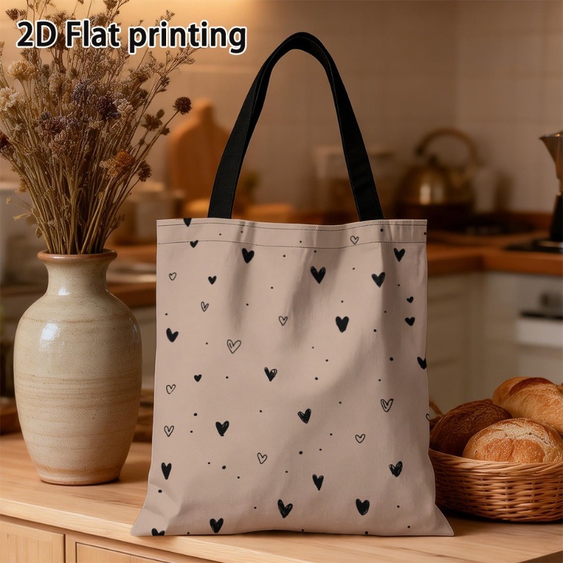 TEMU 1pc Single Valentine's Day Black Heart Polka Dot Pattern Printed Tote Bag - Fashionable Reusable Shopping Bag With Comfortable Shoulder Strap,