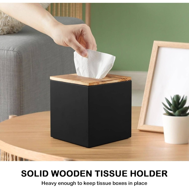 modern black wooden tissue box cover - decorative cube tissue dispenser with top surface, space-saving organizer for bathroom, kitchen, office, living room - compatible with standard tissues,   decor storage solution, tissue holder for bathroom, tissue box for living room, rectangle shape, bathroom layout- bright purple & teal accents Product details 1