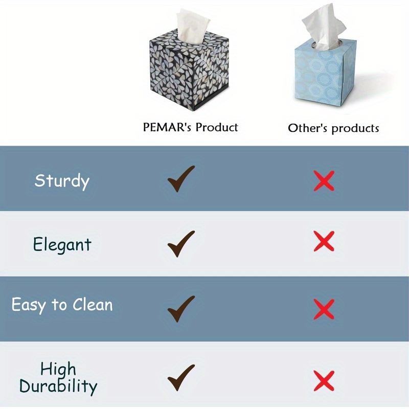 5.9 cube   tissue box cover - elegant black &  -like leaf pattern decorative napkin dispenser organizer, rustic farmhouse vintage tabletop decor for kitchen, bathroom, office - durable countertop storage with easy-access tissue holder (no clutter design), tissue box holder, facial tissue holder, kleenex box holder, kleenex box cover Product details 5