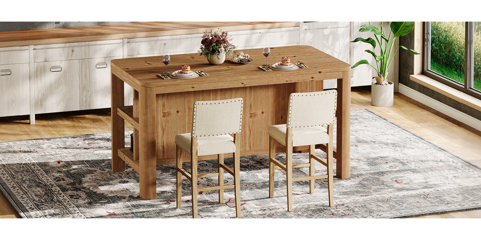 63-Inch Solid Wood Kitchen Island with Ample Storage Shelves, Farmhouse Style Kitchen Island Table with Seating, Counter Height Bar Table for Dining Room & Kitchen, Sturdy Construction & Easy to Assemble