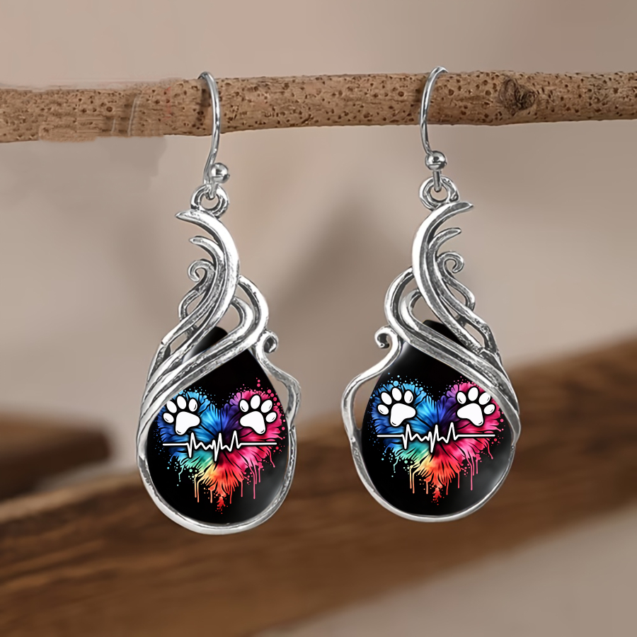 TEMU 2pcs Paw Print Earrings | Heartbeat And Love Themed Teardrop Pendant Earrings In Colorful Glass Mosaic, Alloy, Elegant And Luxurious Style For