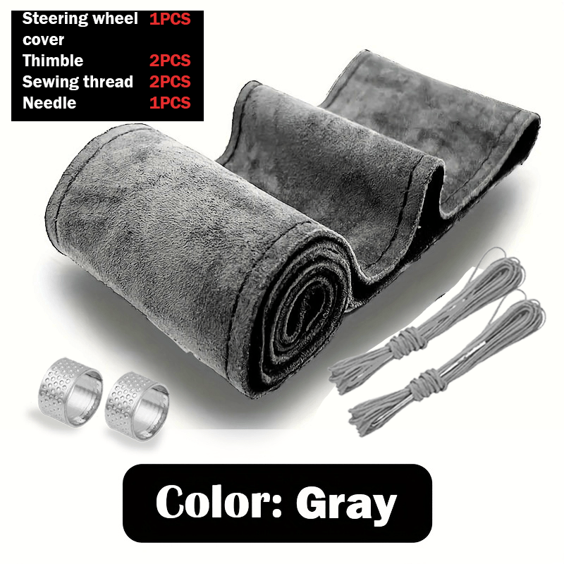Image of 1pc Hand-sewn Car Steering Wheel Cover (includes 2 Sewing Threads + 2 Thimble Rings + 1 Blunt Needle), Pu Pu Leather Plush Material, Universal Plush Steering Wheel Cover, Anti-slip And Sweat-absorbent