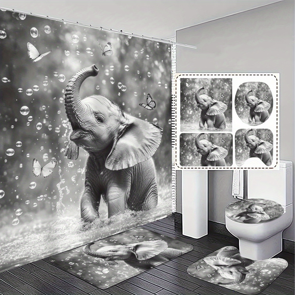 TEMU 2d Flat, 4pcs Bathroom Decoration Set, Shower Curtain And Non-slip Bathroom, Toilet Lid Cover - 2d Flat Printing Exquisite And Practical Home