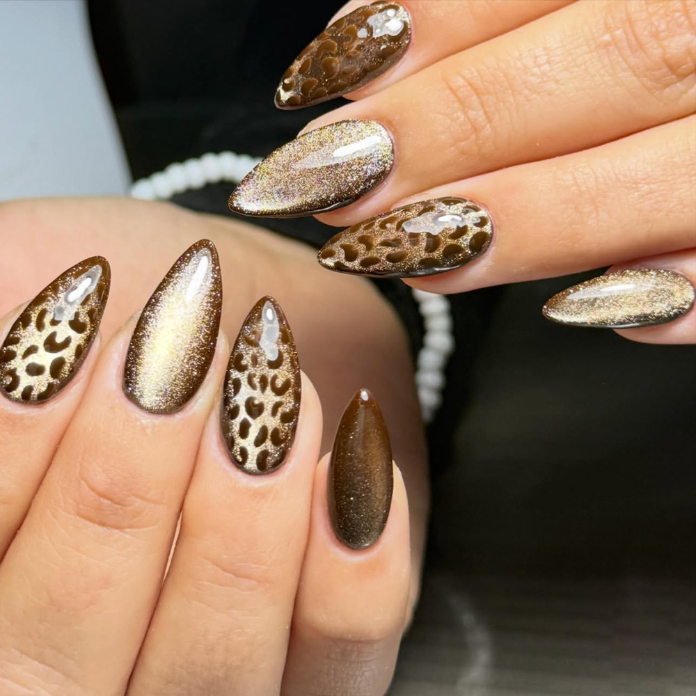TEMU 24pcs Long Almond Press-on Nails, Brown Leopard Print, Golden Eye Effect, Painted Water Drop Pattern, Glossy Animal Print Fake Nails, Fall Y2k