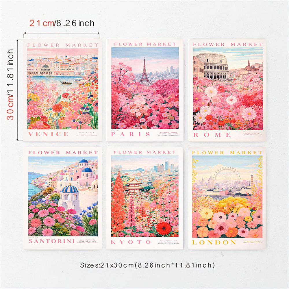 TEMU 2D Plat, 2D Plat, 2D Plat 6pcs Affiches sur Toile Vintage Florales de Marché de Voyage, Décoration Murale d'Art, Abordant les Thèmes de , Paris,