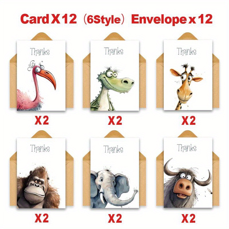 TEMU (12 Greeting Cards And 12 Envelopes) Pack Funny Animal Illustrations Thank You Cards With Envelopes For , Teachers, Coworkers, Thank You,