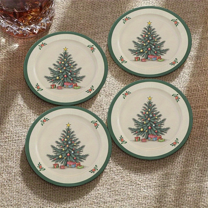 TEMU 4pcs Set Holiday Christmas Tree Wooden Coasters - Round Wooden Mats, Hand Wash, Suitable For Cafes, Offices, Kitchens, Restaurants - Gift, For