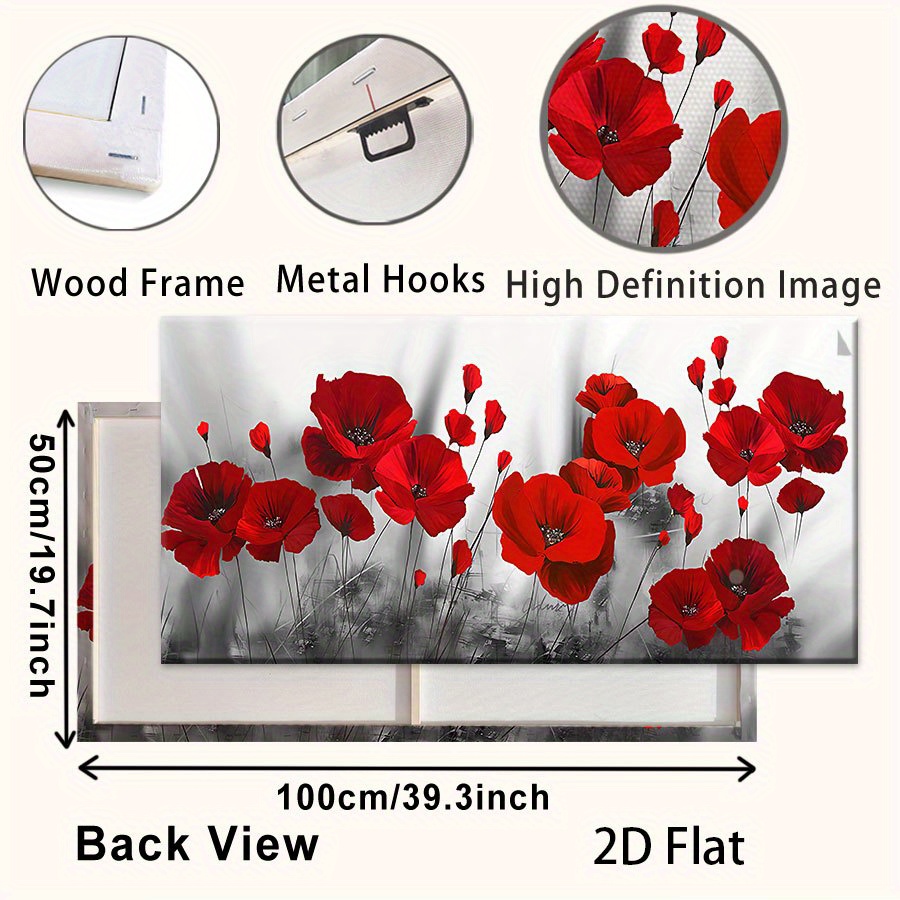 TEMU 2d Flat, 2d Flat, Framed Canvas Poster Featuring 2d Poppies, Ideal For Halloween And Christmas Gifts. This Wall Art Is Perfect For Decorating