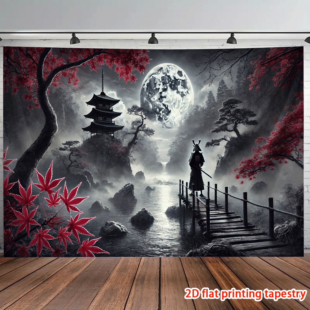 Samurai Under Moon Wall Hanging Tapestry For Living Room Decor_voghion.com