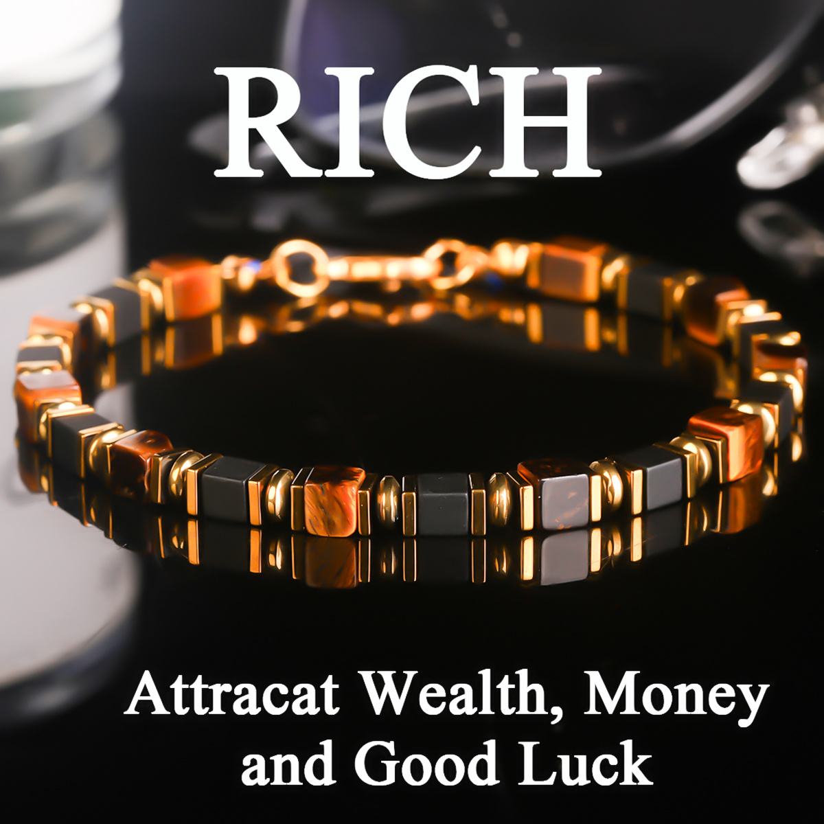 TEMU Tiger Eye& Obsidian Wealth Bracelet, Vintage Square Bead Money Jewelry, Gift, July Birthstone, Suitable For Daily Wear, Accessory