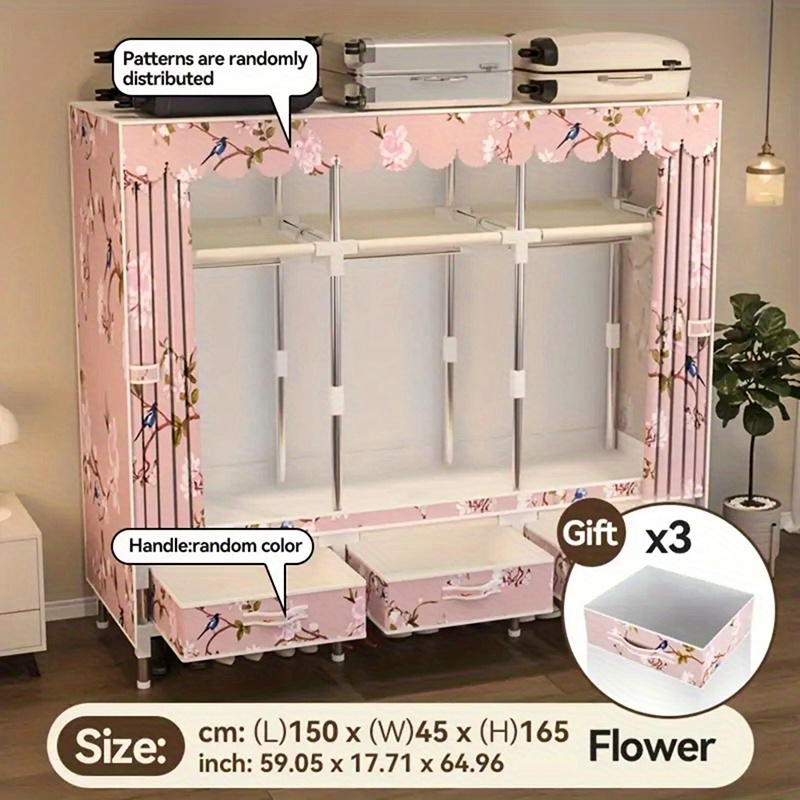 TEMU 1pc Simple And Durable Christmas Wardrobe, 1. 5m Wide With 3 Drawers And 3 Hanging Rods - Features A Double Layered Design - Easy To Assemble,