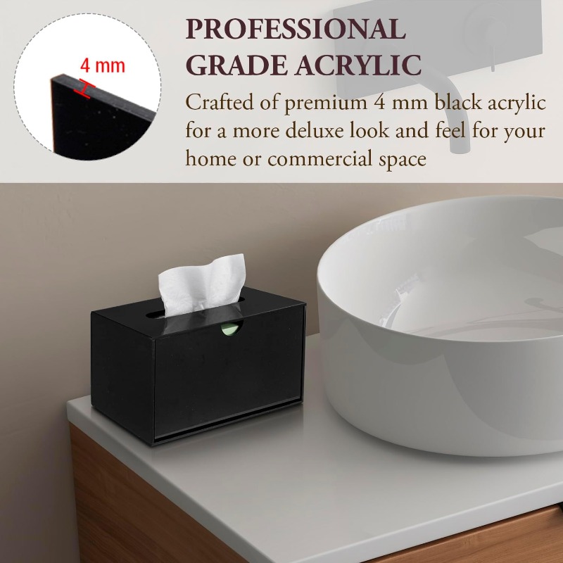 modern black glossy acrylic tissue box dispenser with slide-out holder & refillable drawer-like design - rectangular bathroom/office/ vanity storage, space-saving tissue dispenser with    ,     &   pads - minimalist  , easy-  (compatible with tissues not included) - sleek rectangular tissue box cover with slide-out panel, tissue holder bathroom Product details 1