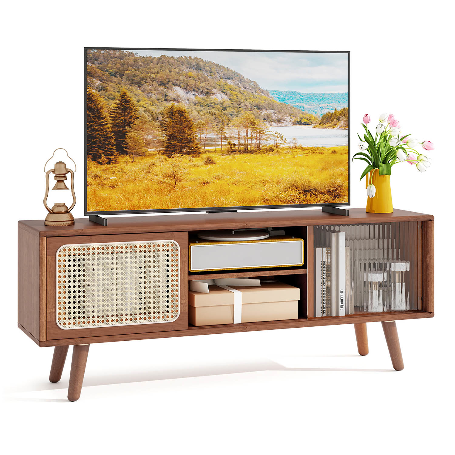 Image of Cabinet For Tvs, Rattan Tv Stand With Bamboo Frame, Tempered Glass Sliding Doors, Adjustable Shelving & Rubber Wood Legs, Media Console Table For Living Room