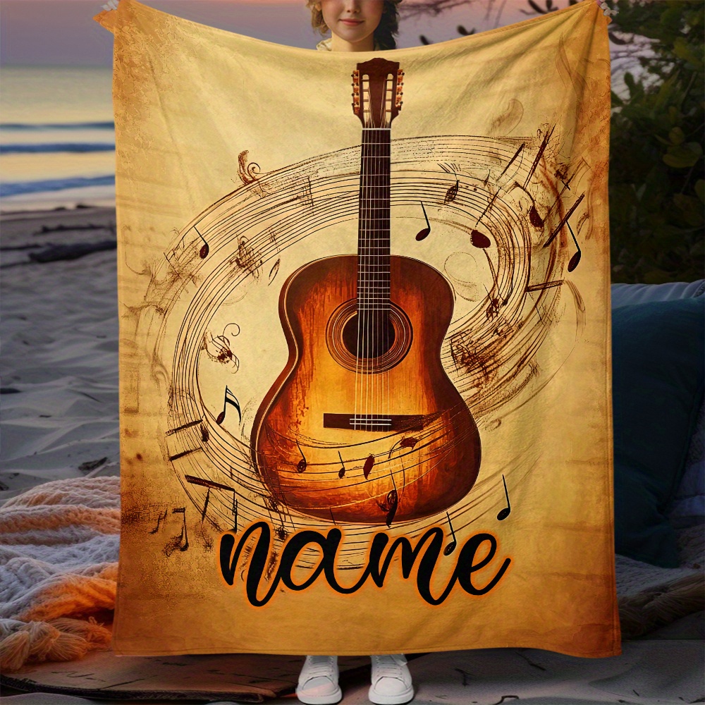 TEMU Custom Name Elegant Guitar Blanket-lightweight Flannel Home Furnishings Bedding Blanket Suitable For Sofas Beds Travel Camping Living Rooms