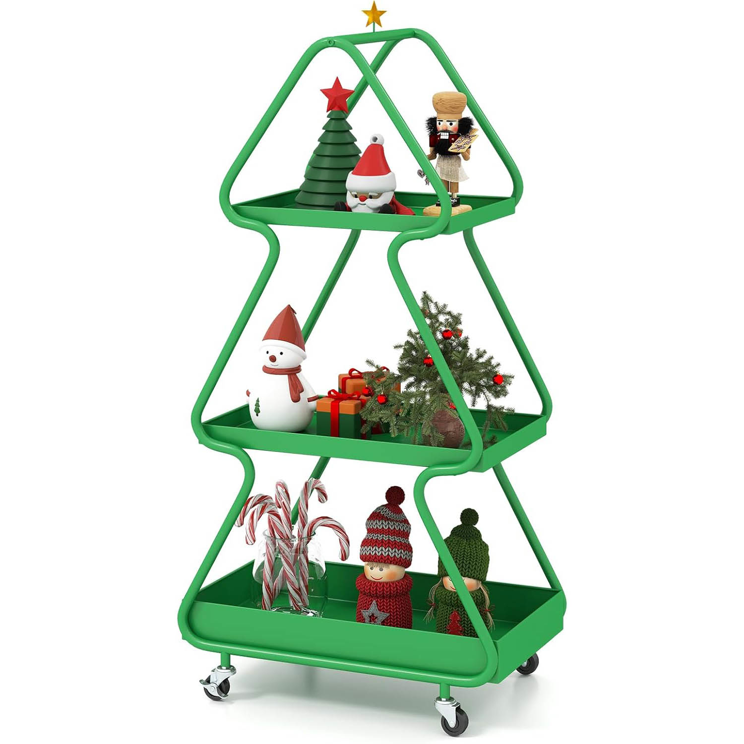 Image of Christmas Tree Storage Cart, 3-tier Rolling Xmas Cart With Topper Star, Metal Frame And Wheels, Side End Table For Small Space, Decorative Nightstand For Living Room Bedroom