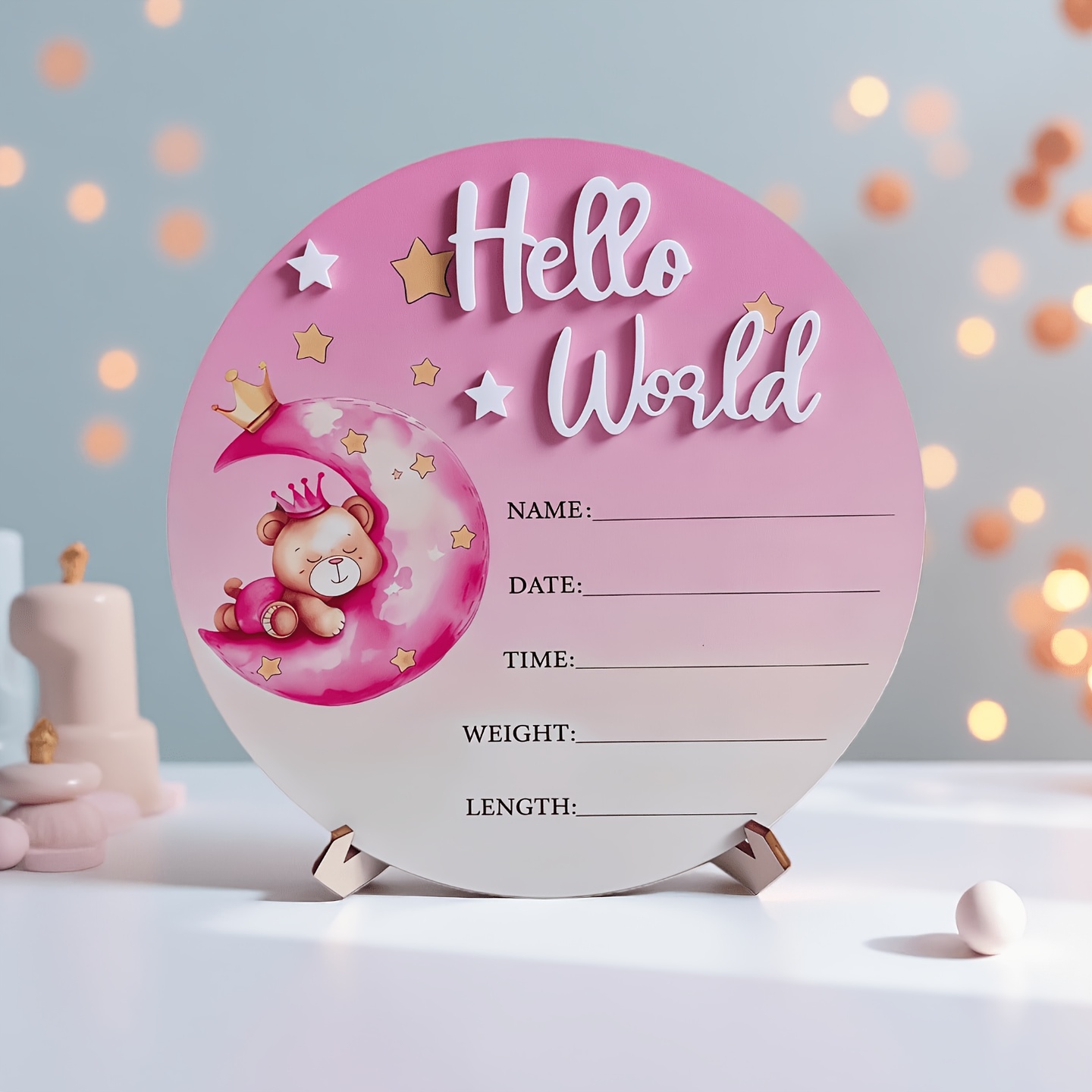 TEMU 2d Flat, 2d Flat 1pc Moon Bear "hello World" Wooden Birth Announcement Board For Recording Date, Time, Weight, And Length. Ideal Birth Gift And