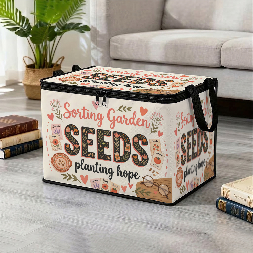 TEMU 1pc Vintage Botanical Graphic Storage Box - Garden Seed Element & Print, Durable, Foldable, Multi-functional Storage Box With Zipper Lid,