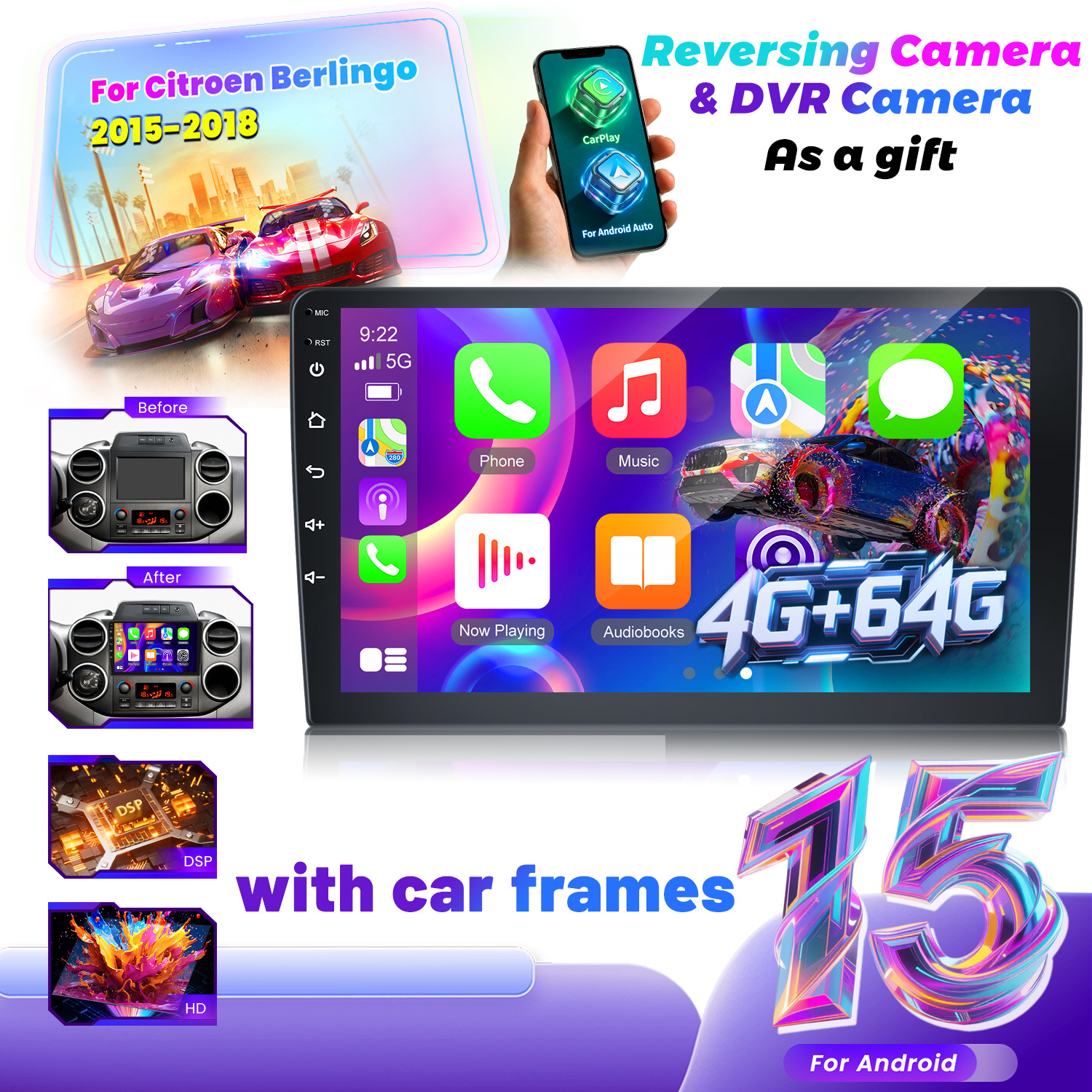 Image of 4+64g Car Radio For Berlingo 2015-2018/ 2008-2019 (left-hand Drive)- 9 Inch 15 Car Radio With And Car - , 5g/wifi, Fm Rds, Bluetooth, Swc, Eq Dsp + Reversing