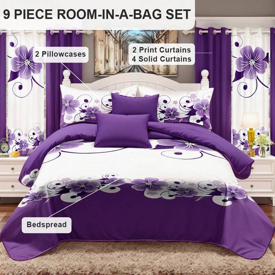 TEMU Parure de lit et de rideaux tactile épaissie 9 pièces, Parure de lit de luxe améliorée, Linge de lit toutes saisons en microfibre, Convient , la