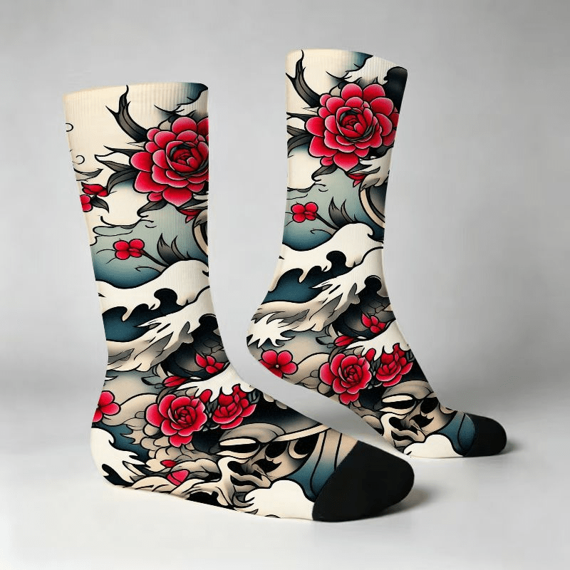 TEMU Vintage Japanese Art Tattoo Style Traditional Rose And Wave Pattern Graphic Casual Socks, Stylish Artistic Breathable Streetwear For Men Women