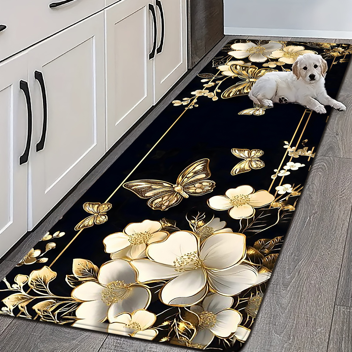 TEMU 1pc, 2d Flat Luxurious Black Print Pattern Anti-fatigue Kitchen Mat, Non-slip Water-absorbent Runner Rug, Easy To Washable, Suitable For Indoor