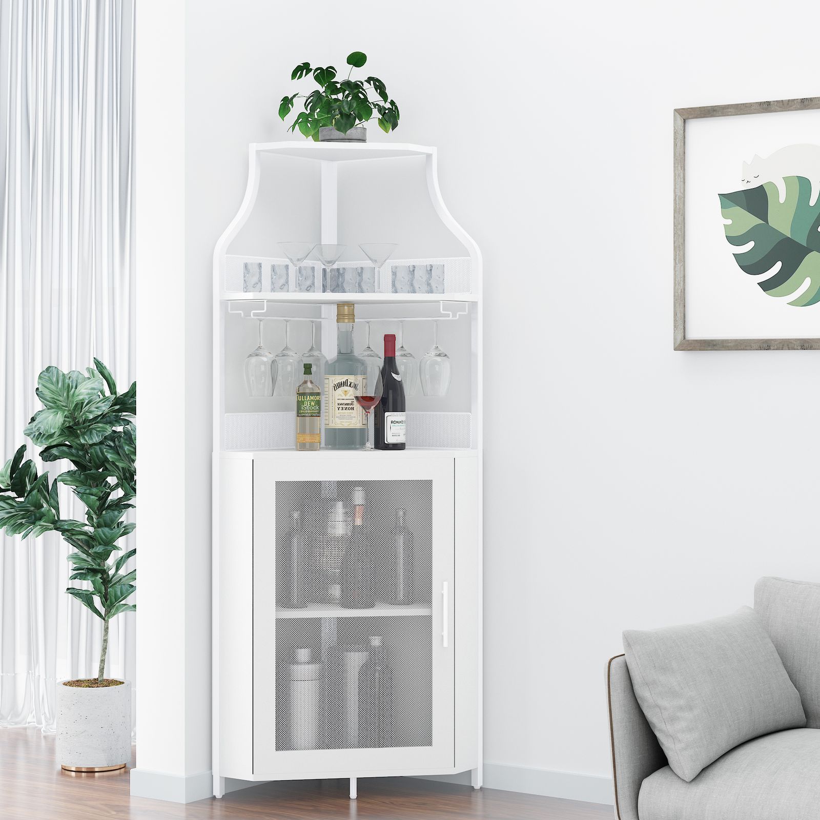Industrial Corner Home Bar Cabinet With Mesh Door Drawer And Removable Shelves For Liquor And Wine Storage
