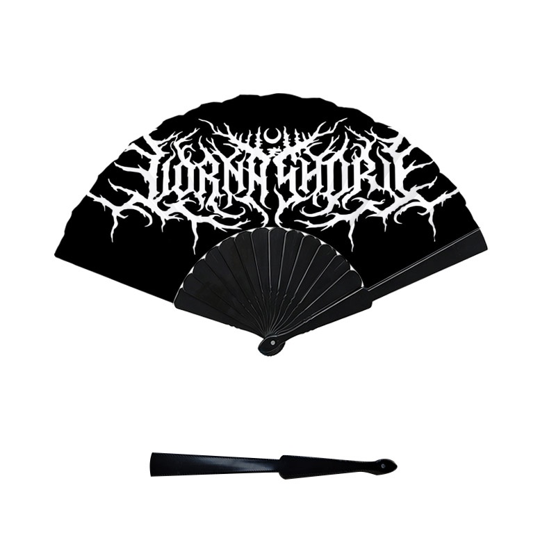 Image of Gothic Dark Metal Inspired Ornate Text Print Handheld Fan, Plastic Blade Single Piece, Stylish Alternative Design Hand Fan, Perfect For Outdoor Cooling & Daily Decoration