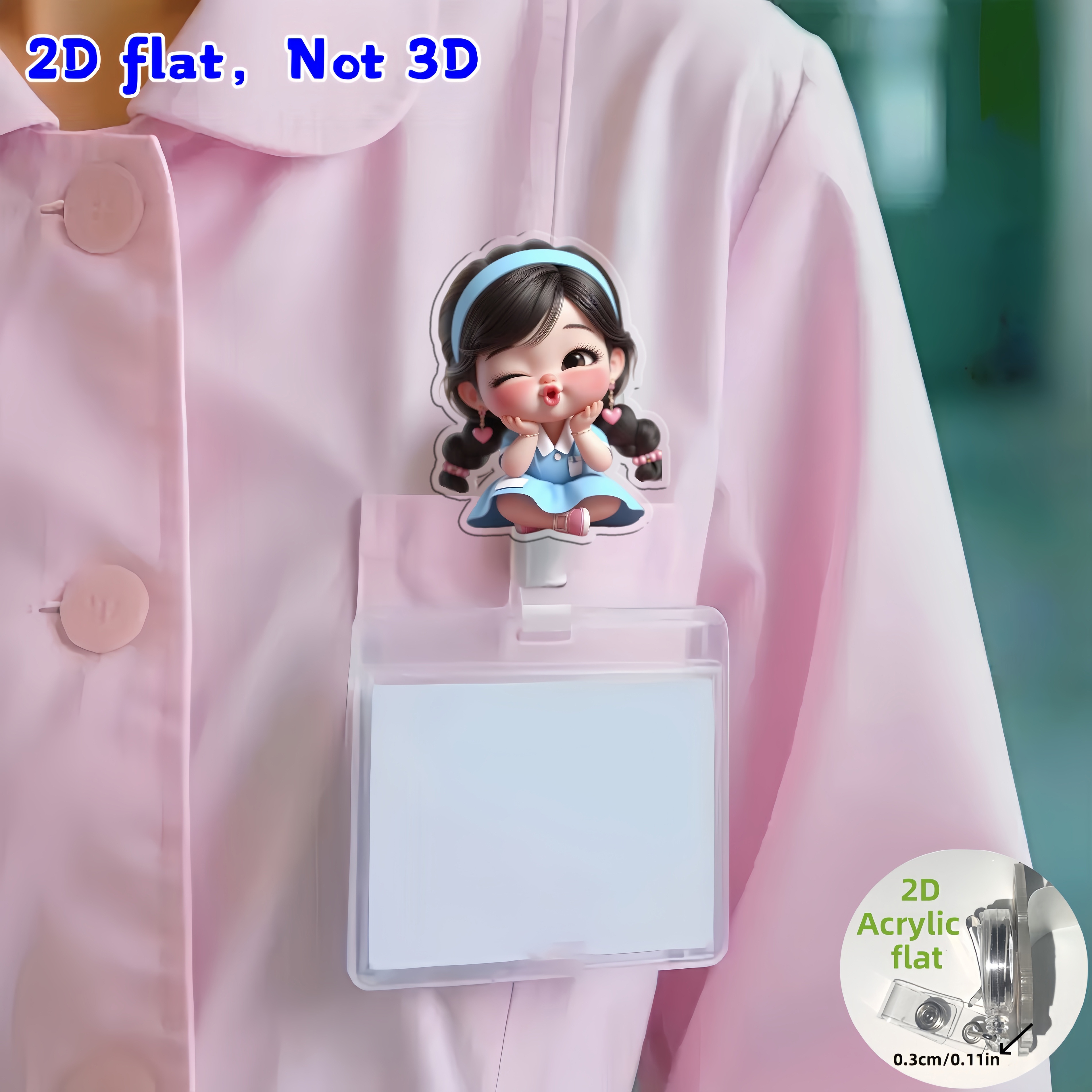 TEMU 2d Flat 1pc Blue Dress Girl 2d Acrylic Retractable Badge Reel Holder, For Nurse, Nursing Name Badge, Medical Student, Doctor, Nurse, Licensed