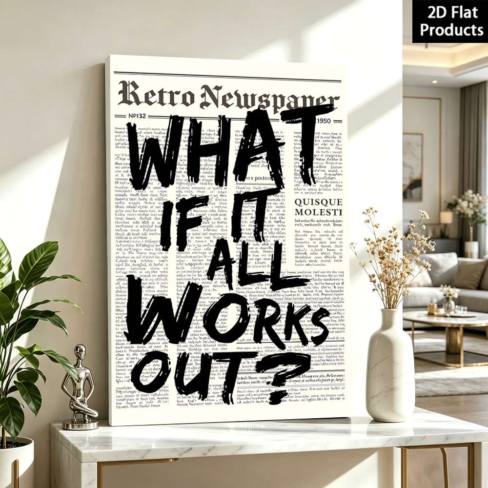 TEMU 2d Flat, 2d Flat 1pc Motivational Quote Retro Newspaper Art Print With Solid Wood Frame No Installation Wall Decor Modern Minimalist Vintage