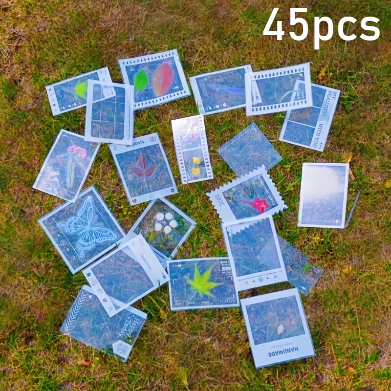 TEMU Set de 45 pegatinas autoadhesivas para manualidades - Hojas y flores brillantes con diseño geométrico, pegatinas de plástico PET reutilizables