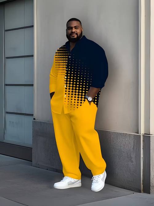 2pcs set plus size mens long sleeved shirt and trousers set yellow and black contrast stitching polka dot print suitable for suitable for leisure parties festivals use wrinkle resistant polyester plus size