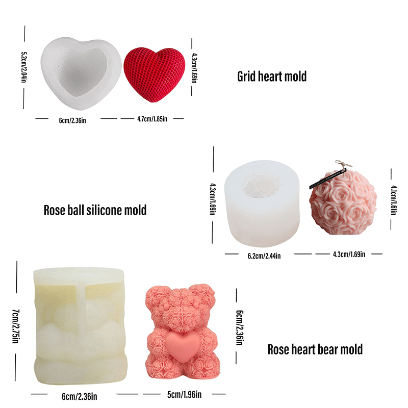 3pcs 3d Candle Silicone Mold Set - Rose Teddy Bear, Grid Heart, Rose Bouquet Ball - Making Aesthetic Home Decor | Cute Home Decor | Silicone Molds For Housewarming Gifts
