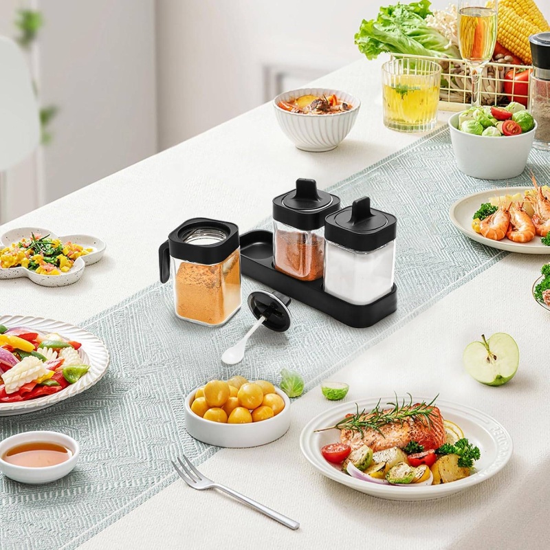 set of 3   condiment jars with lids & spoons - 13.5oz salt, pepper,   containers with tray, modern black kitchen pantry storage set, seasoning box for countertop organization Product details 7