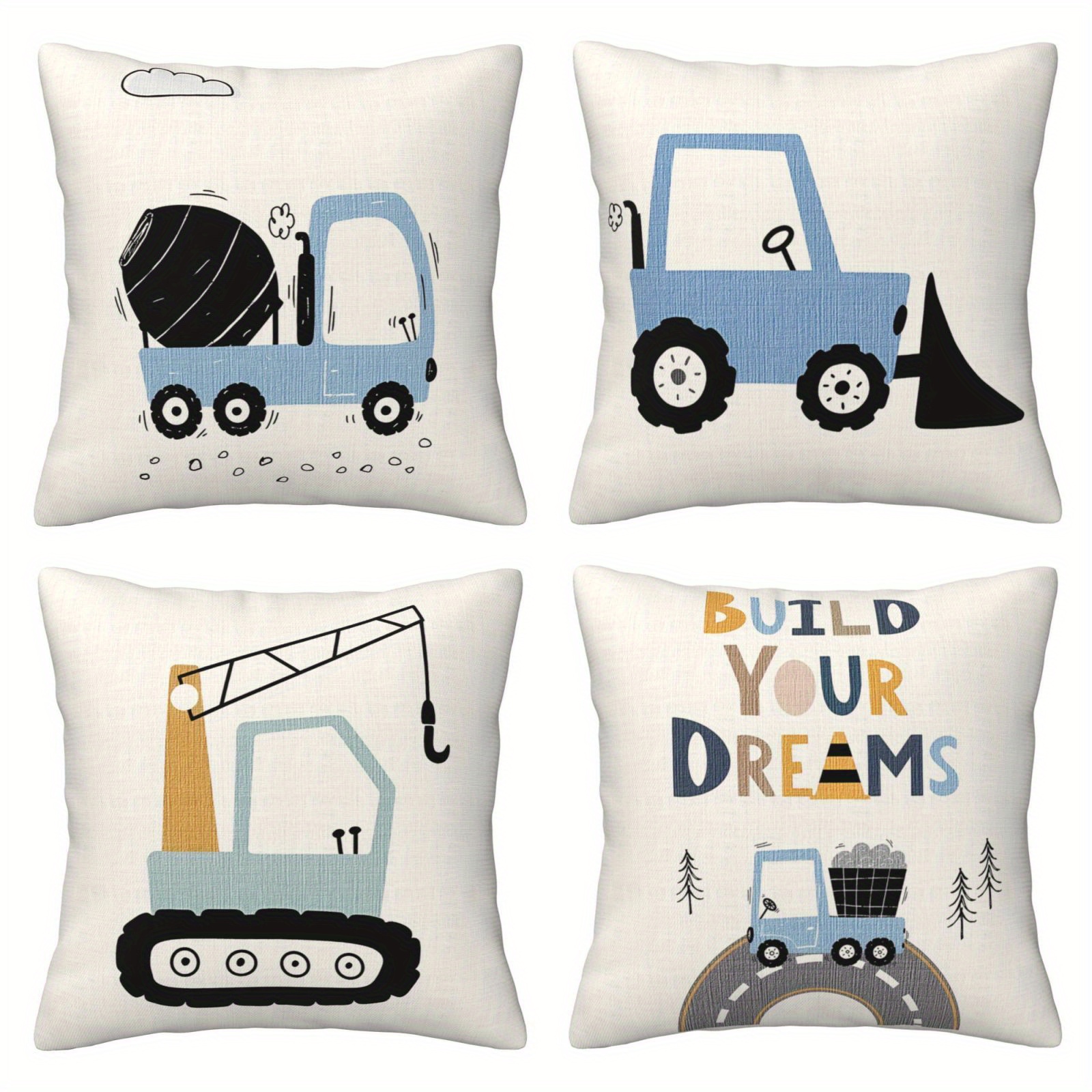 

4-pack Throw Pillow Covers Boys Decor, - Cartoon Construction Vehicle Pillowcases For Sofa, Couch, Bed, Living Room, And Bedroom - Zippered, 1 Sided Printing, Decor (no Insert)