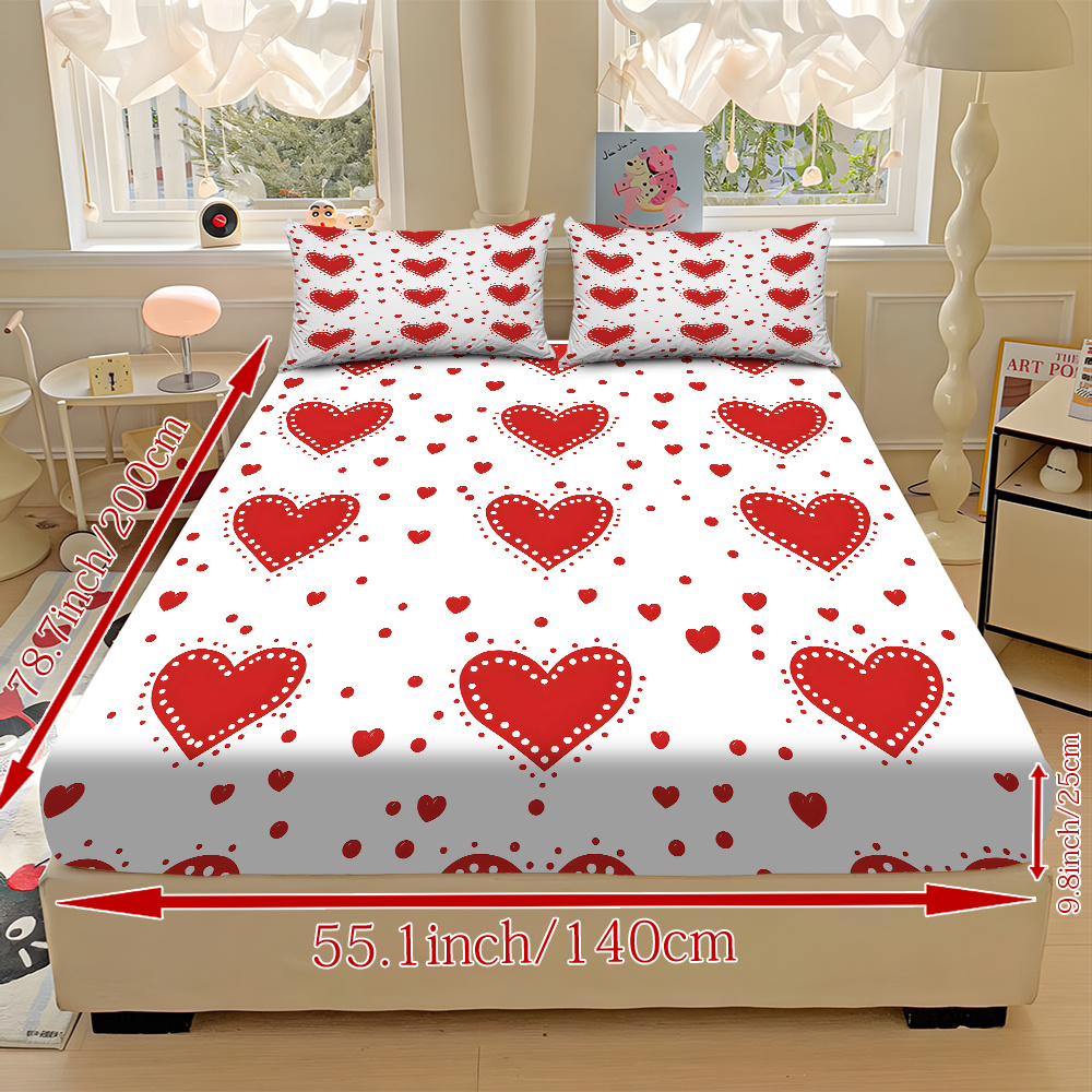 3pcs valentines day bedding set red hearts on white fitted sheet pillowcases soft mattress protector with deep pocket   to   machine washable   sheets for couples hotels dorms   design dorm essentials romantic decor durable construction hotel owners Product details 10