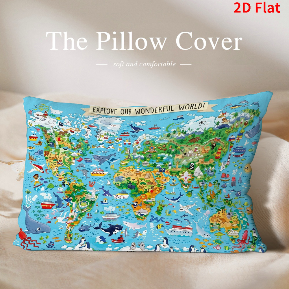TEMU 1pc Educational Pillowcase, World Map Wildlife Pattern | Polyester Material, Zipper Closure, Suitable For Living Room And Bedroom, Machine