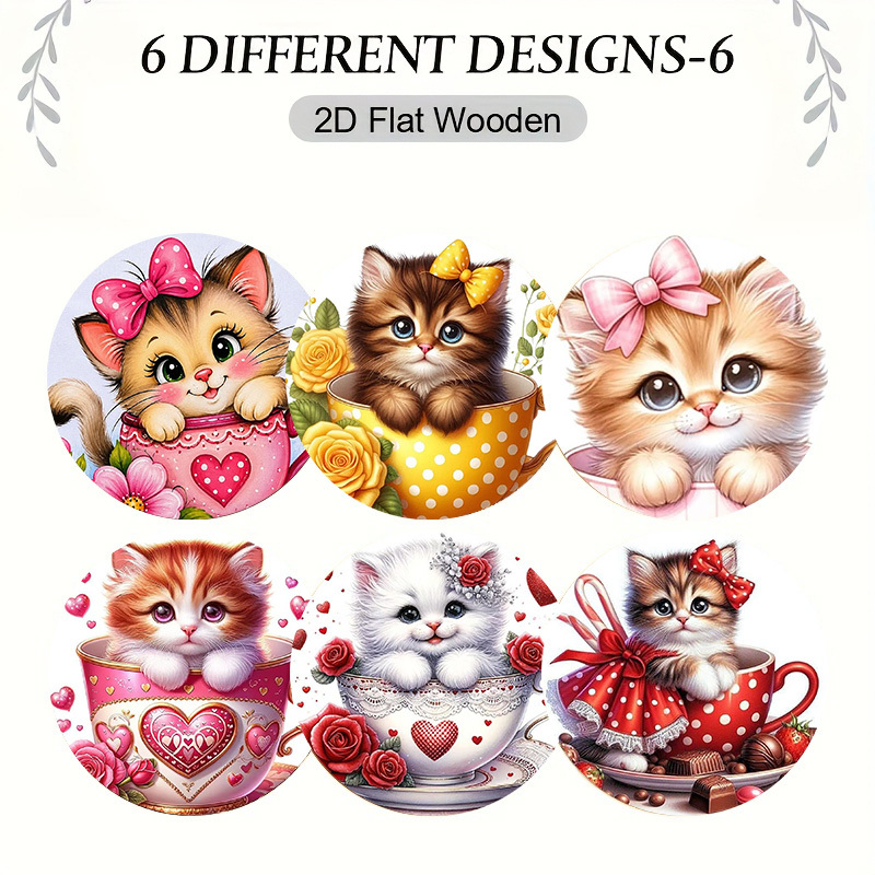 TEMU Lot de 6 adorables sous-verres en bois avec des chatons de différentes couleurs perchés sur d'un bol. Convient pour les bars, les réunions de