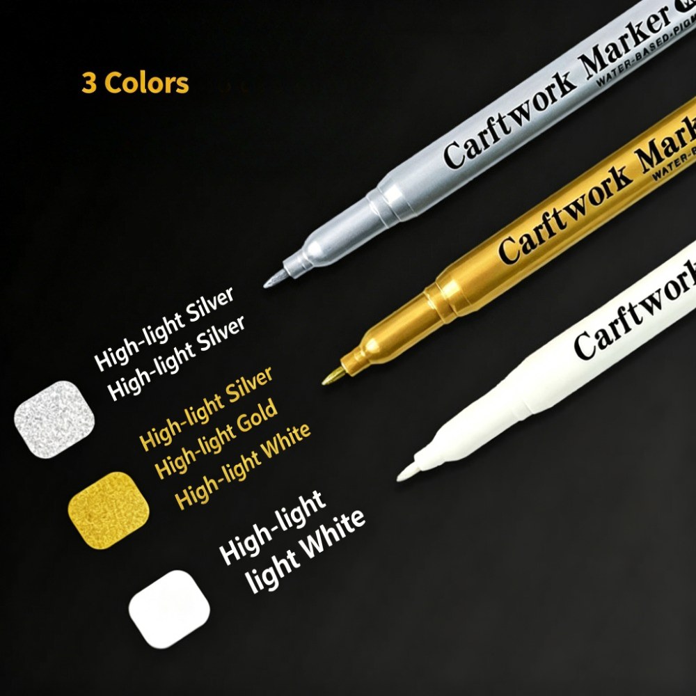 3-pack Metallic Highlighter Markers In Golden, Silvery, And White. High-capacity, Smooth Writing, Waterproof, And . Provides Clear, On Materials. Suitable For , Industrial Marking, Creative Painting