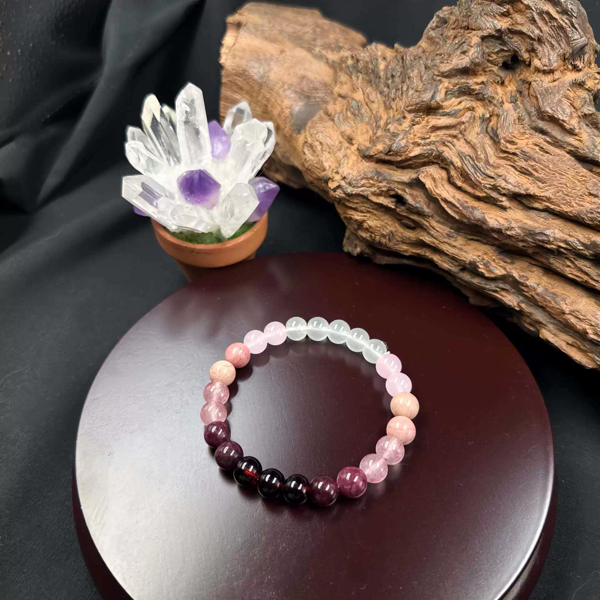 Mixed Pink Gradient Beaded Bracelet with Moonstone & Quartz