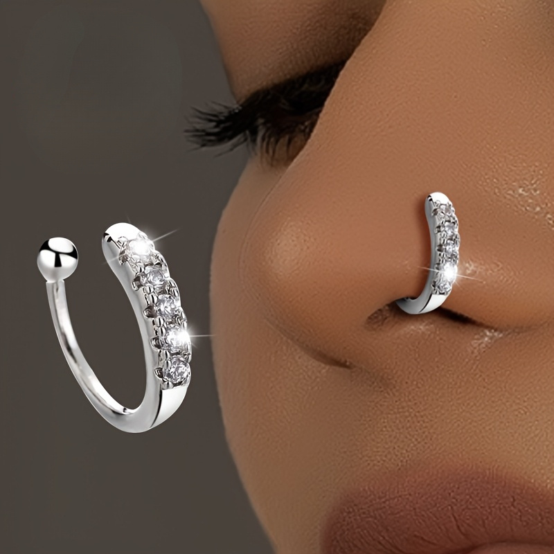 TEMU 1pc Bohemian Artificial Nose Ring, Ladies Earrings 925 Silvery Plated, With Cubic Synthetic Zirconia, No Piercing Needed, Fashion Hip Hop