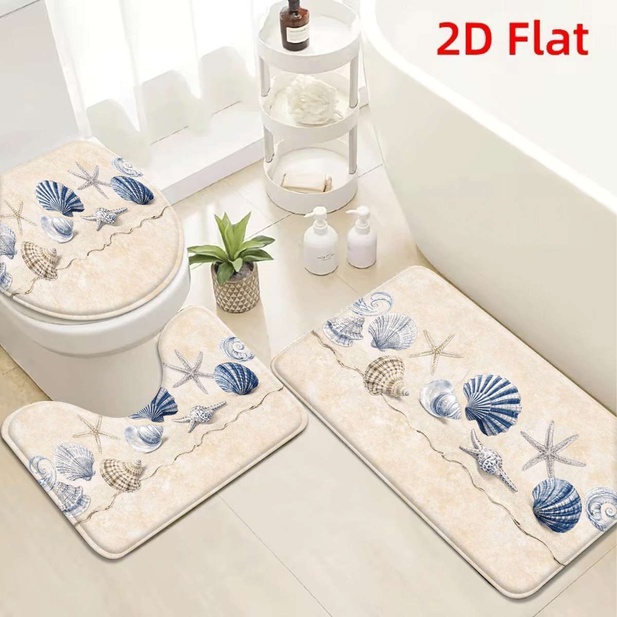 TEMU 2d Flat 3pcs Seashell Starfish Pattern Plush Flannel Non-slip Toilet Mat Set Water-absorbent Washable Bath Decor For Home Bathroom Cozy And