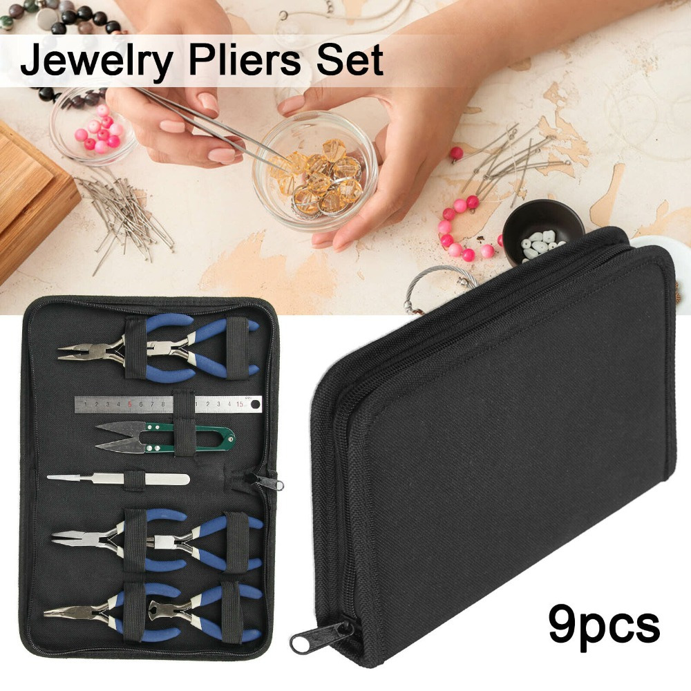 TEMU 9pcs Jewelry Making Tool Kit With Pliers, Scissors, Ruler, And Tweezers - Repair Tools Set In Durable Case For Earring Beading