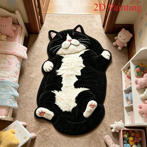 1 stuks onregelmatige cartoon zwart-wit kat tapijt mat, leuke mode trendy decoratieve tapijt mat, huisdecoratie tapijt, geometrisch slaapkamer decoratie, zacht opvouwbaar tapijt, opvouwbaar, makkelijk te onderhouden en schoon te maken, geschikt voor woonkamer, keuken