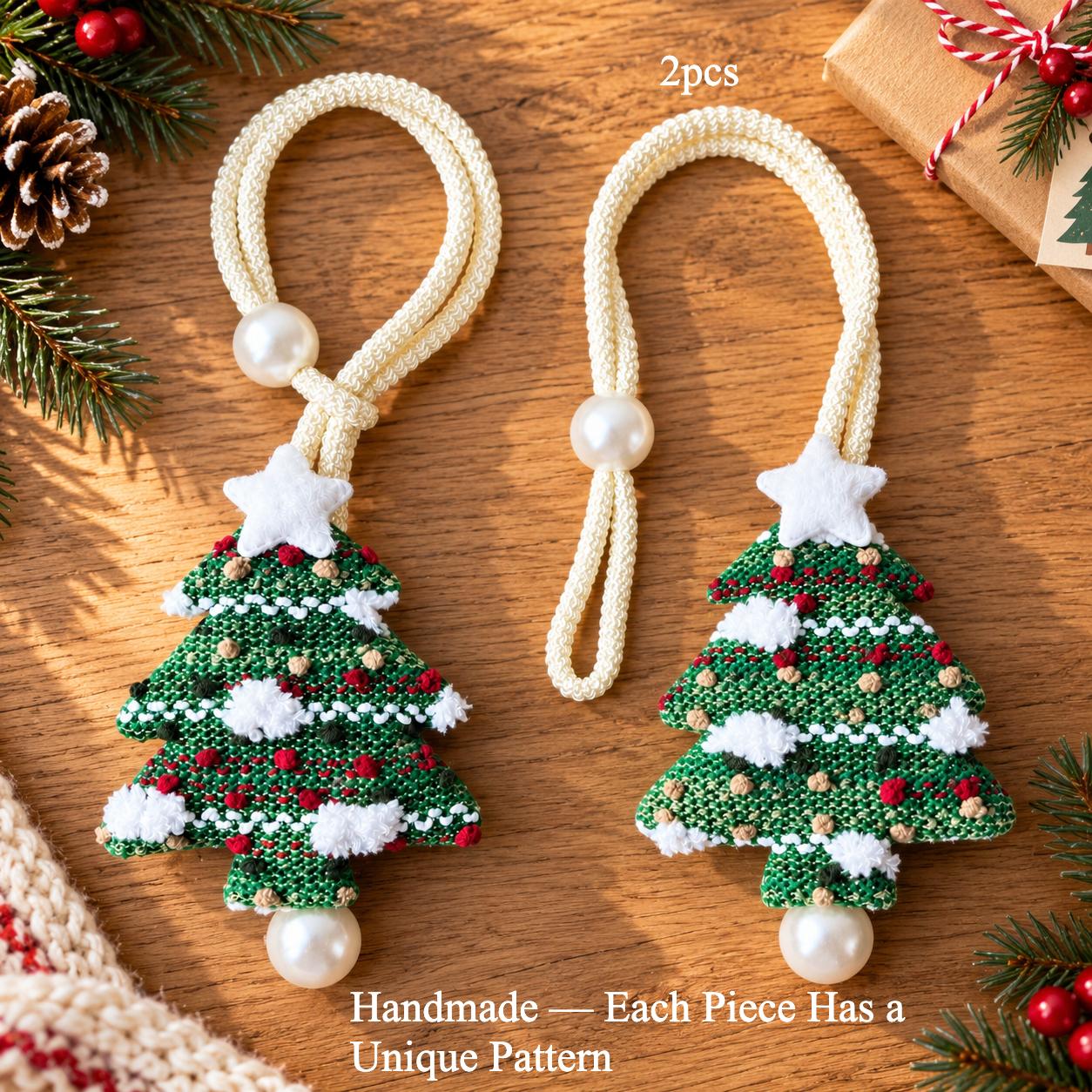 TEMU 2pcs Handmade Fabric Star-patterned Green Christmas Tree Curtain Tie, Sheer Curtain Fixed With Rope, Winter Christmas Holiday Window Decoration,